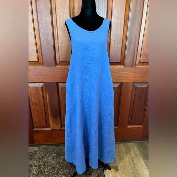 FLAX 100% Linen Shift Dress Sleeveless Relaxed Fit Midi Pockets Blue Size 4/6 - Picture 1 of 10